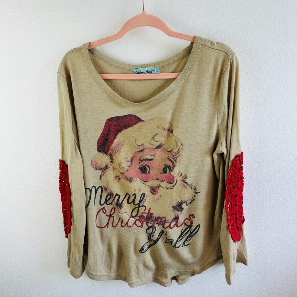Southern Grace Santa Holiday Linen Blend Long Sleeve Tee Size L